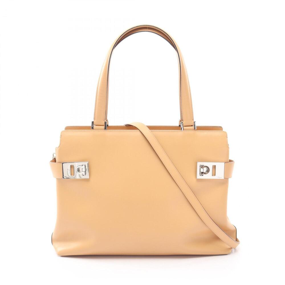 Salvatore Ferragamo Gancini 2-Way Handbag, Leather, Women's, Beige, 21 0166